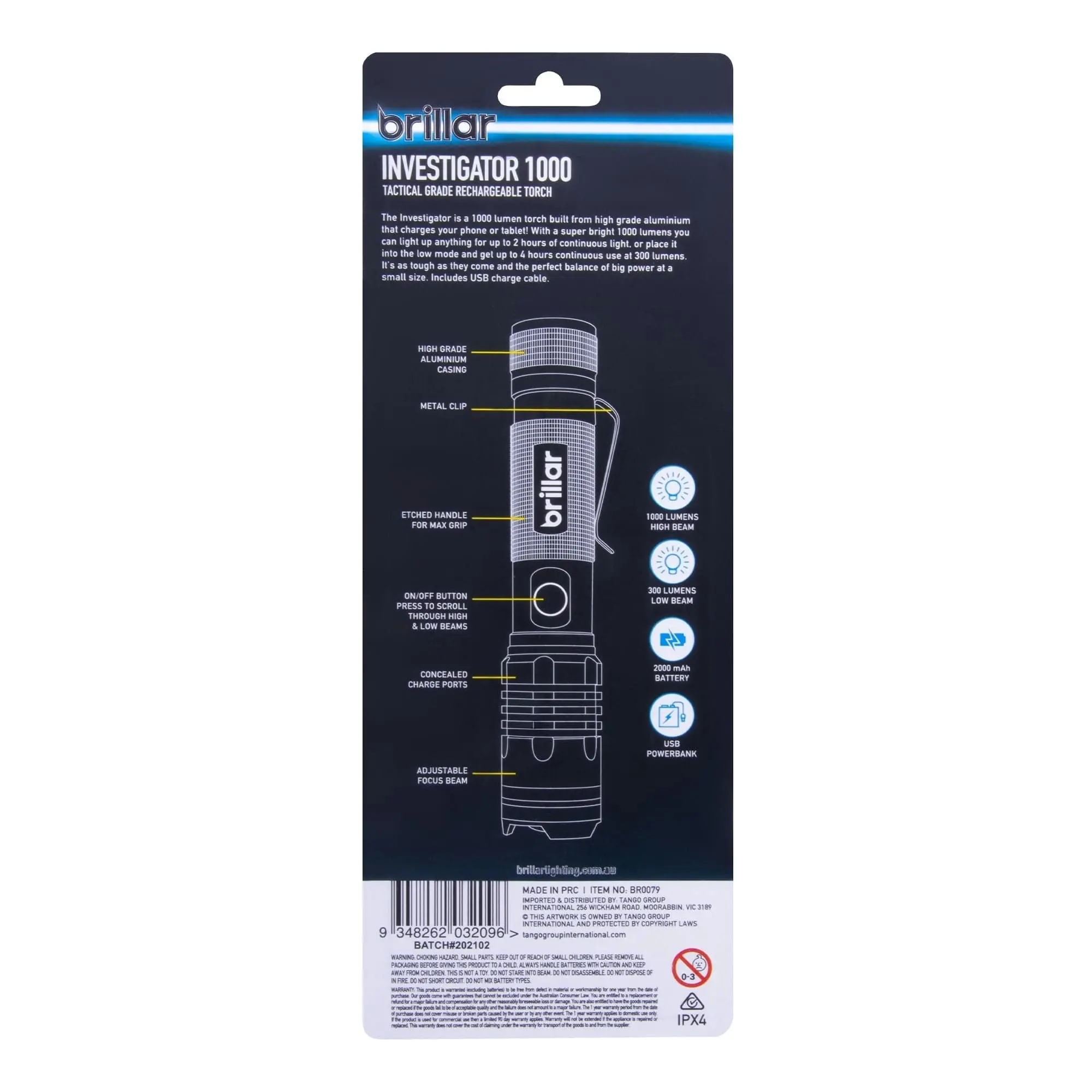 Brillar Investigator Flashlight  - 1000 Lumen USB Rechargeable Torch