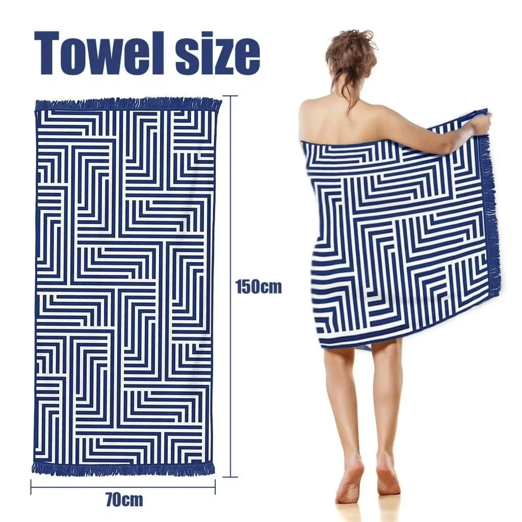 Rectangular Quick Dry Beach Towel with Tassel - Blue