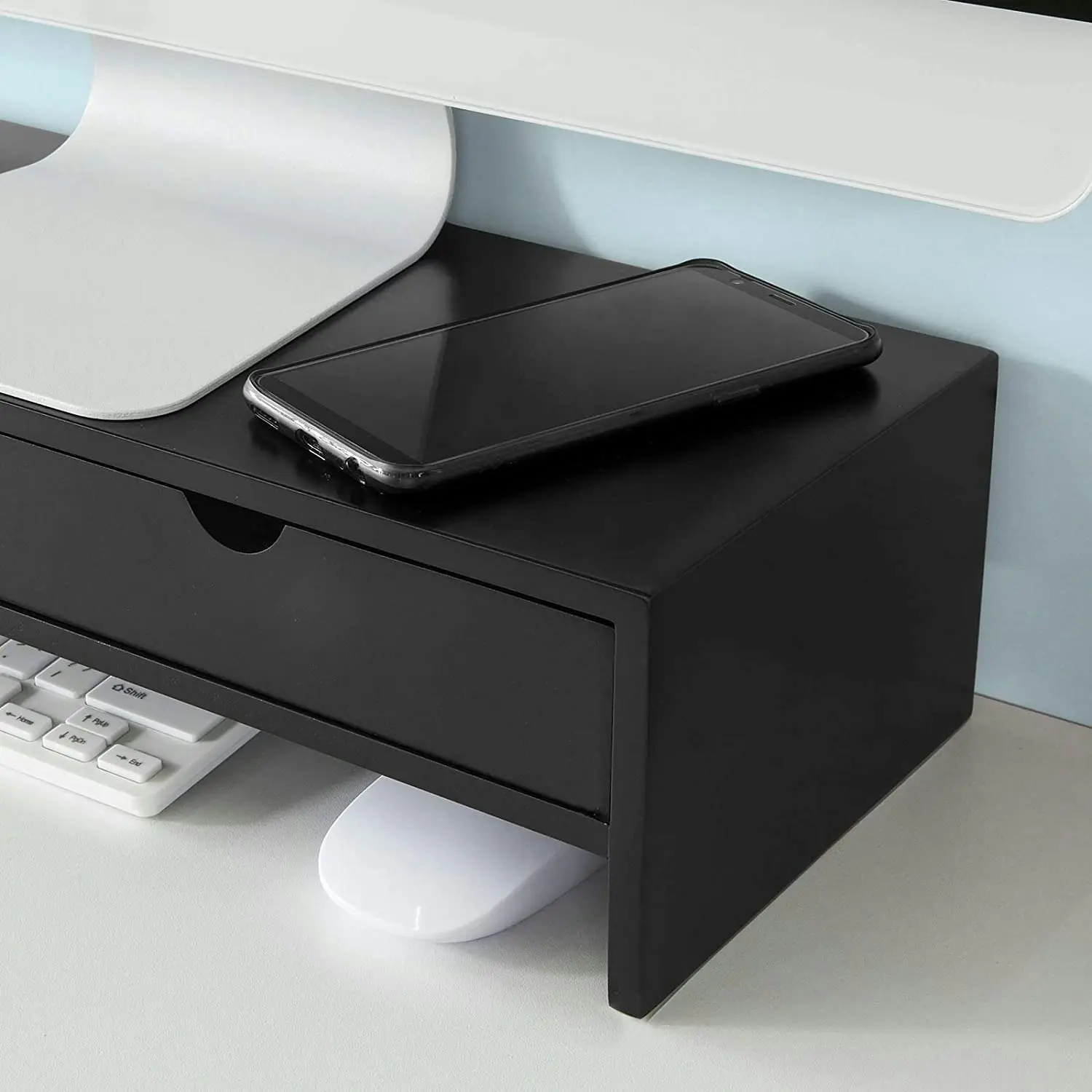 Black Monitor Stand Desk Organizer With 2 Drawers - One Size