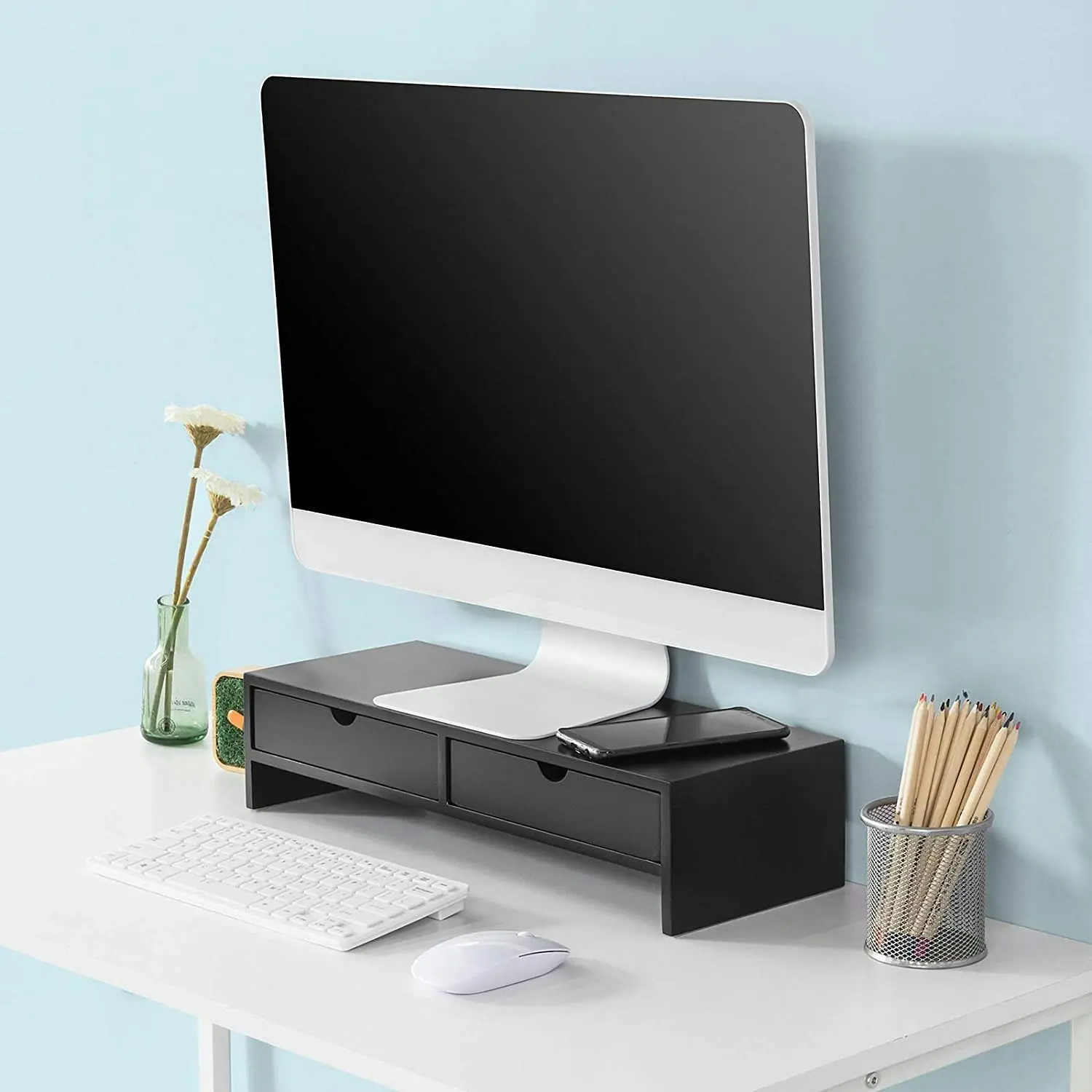 Black Monitor Stand Desk Organizer With 2 Drawers - One Size