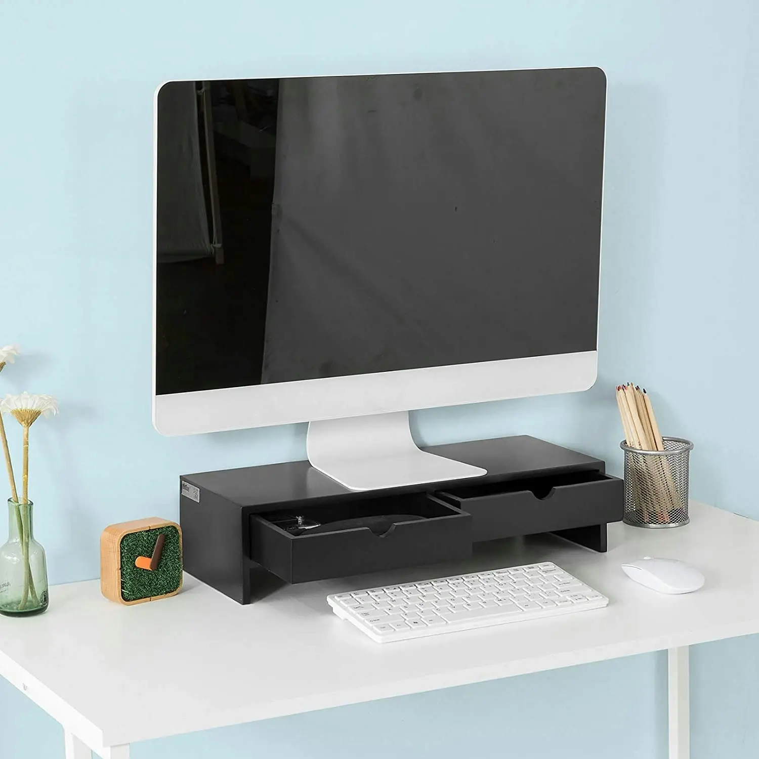 Black Monitor Stand Desk Organizer With 2 Drawers - One Size