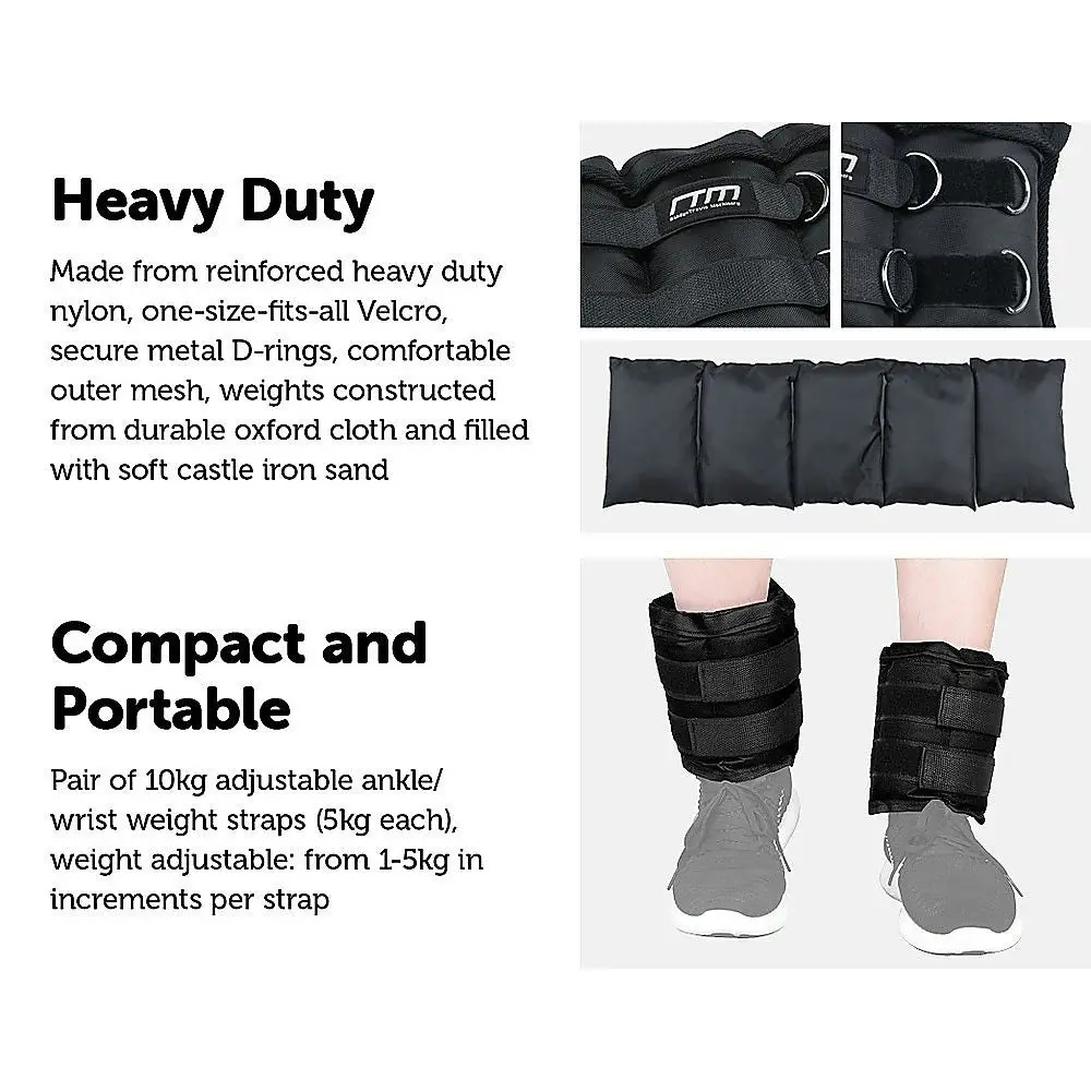 Randy & Travis Machinery 10Kg Adjustable Ankle/Wrist Weight Straps - One Size