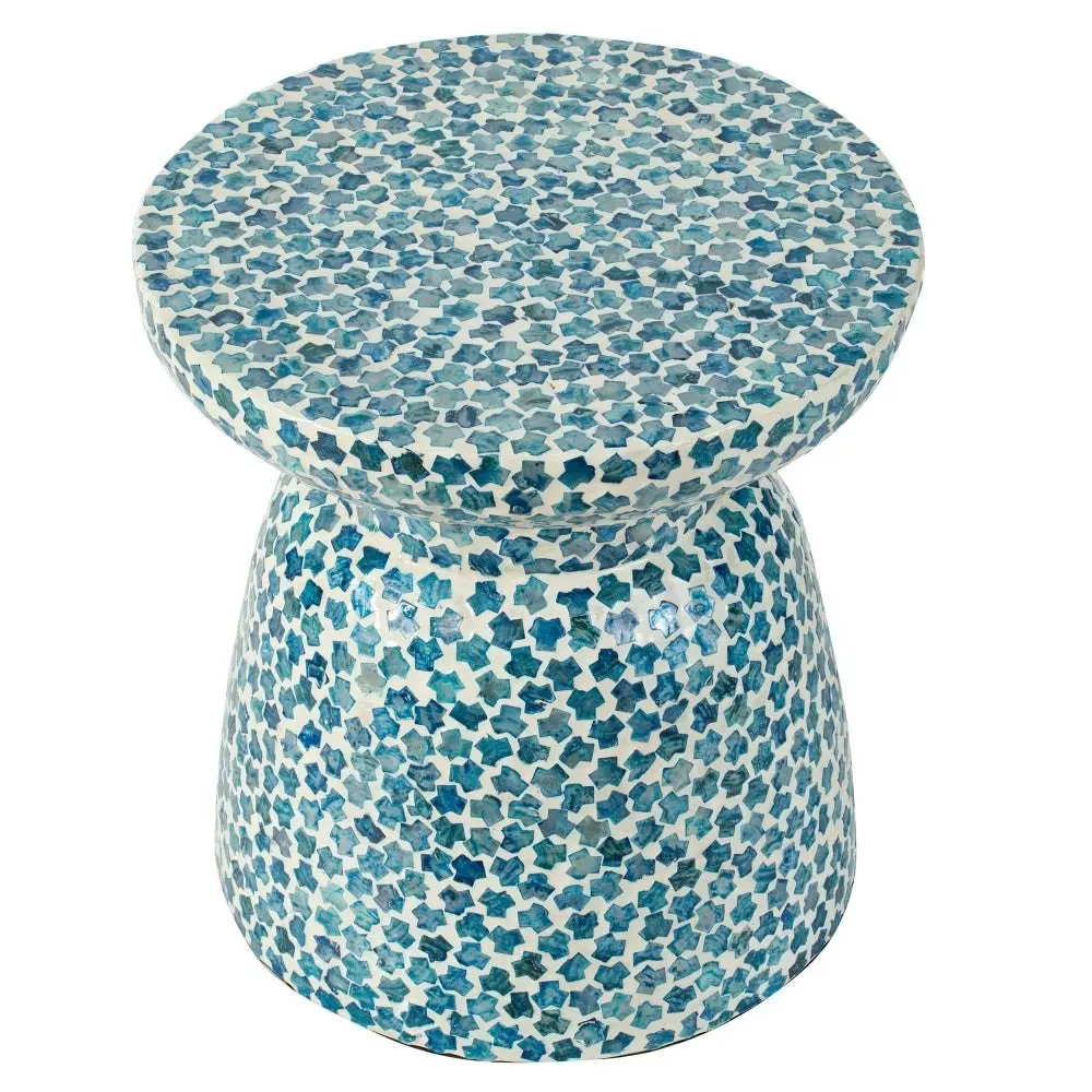 Carribean Shell Round Wood Stool Side Table - Blue