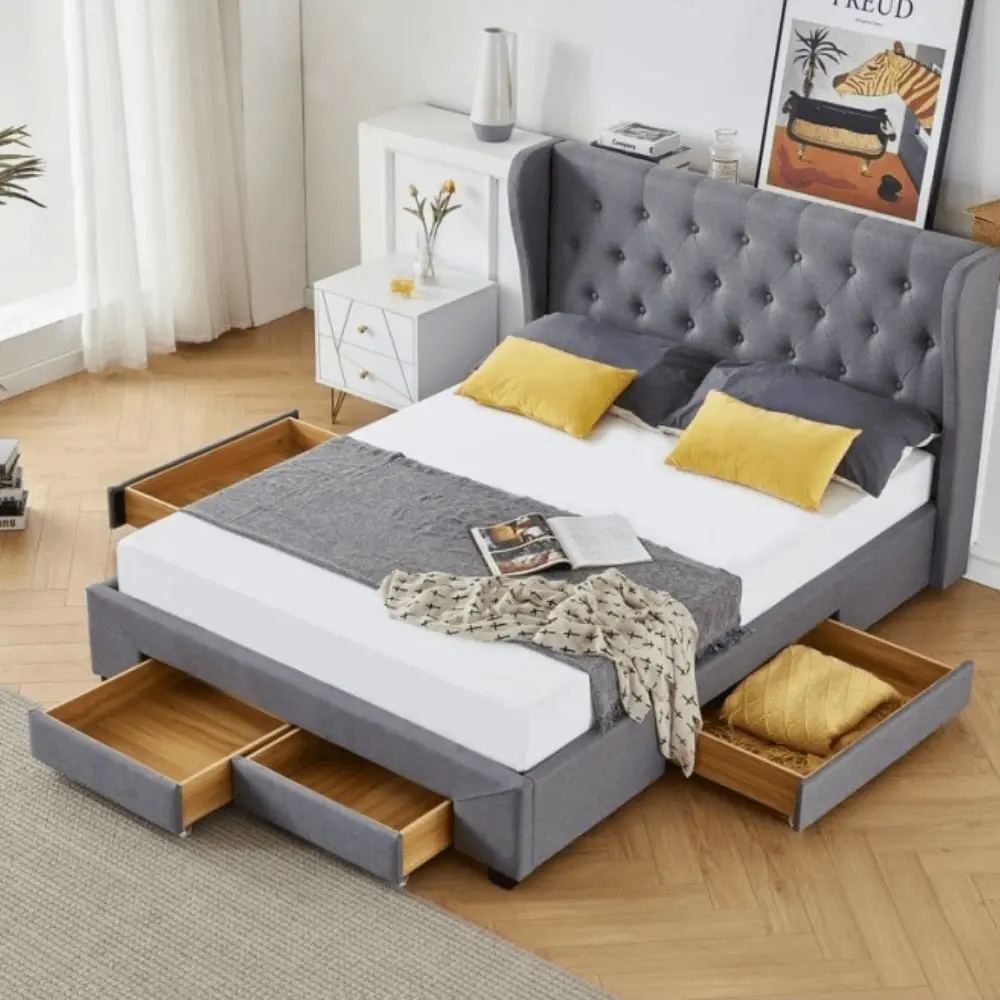 Design Square Modern Fabric Bed Frame W/ 4-Drawers Storage Queen Size - Dark Grey