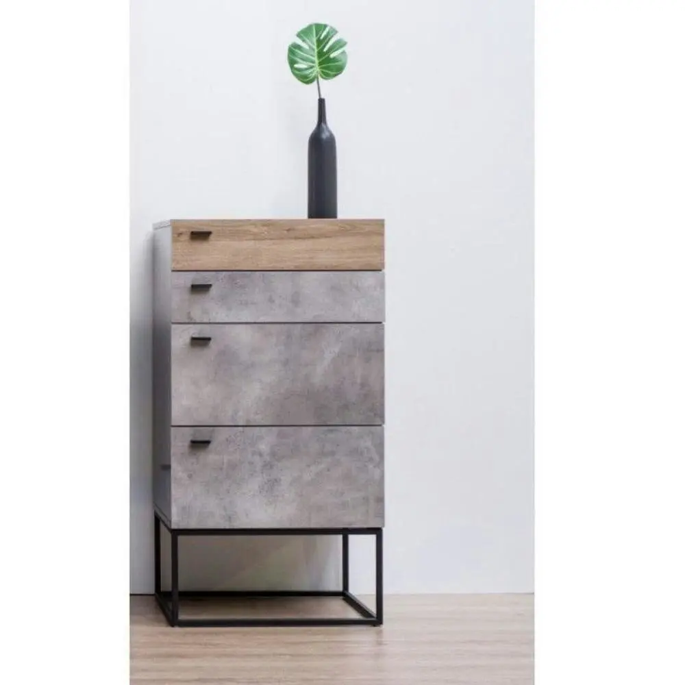 Design Square Modern 4-Drawer Chest of Drawers TallBoy - Black Metal Legs - Dark Oak / Cement Grey