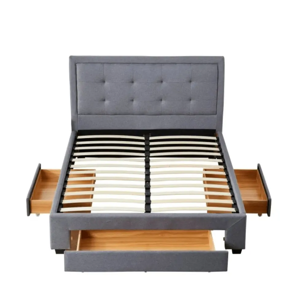 Design Square Designer Fabric Modern Bed Frame W/ Headboard & 3-Drawers Double Size - Dark Grey