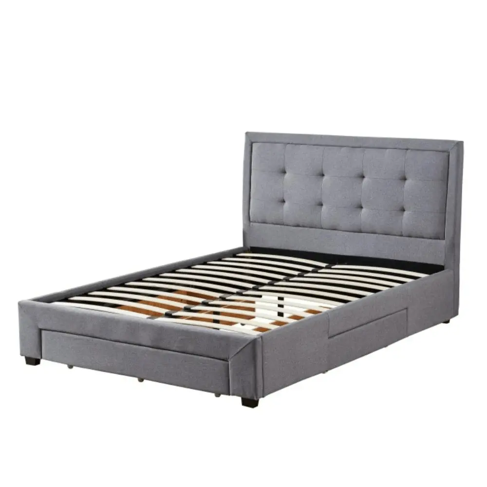 Design Square Designer Fabric Modern Bed Frame W/ Headboard & 3-Drawers Double Size - Dark Grey