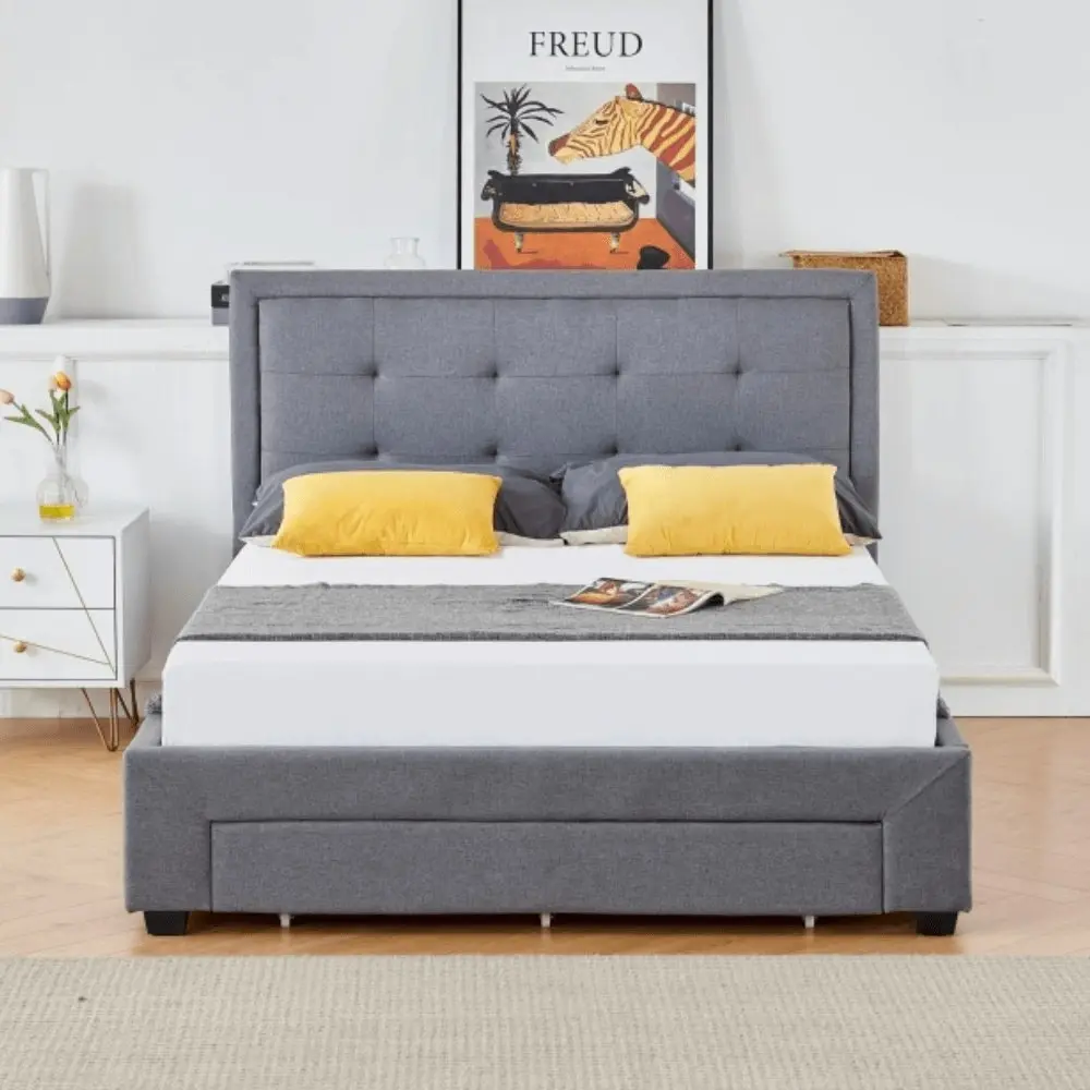 Design Square Designer Fabric Modern Bed Frame W/ Headboard & 3-Drawers Double Size - Dark Grey