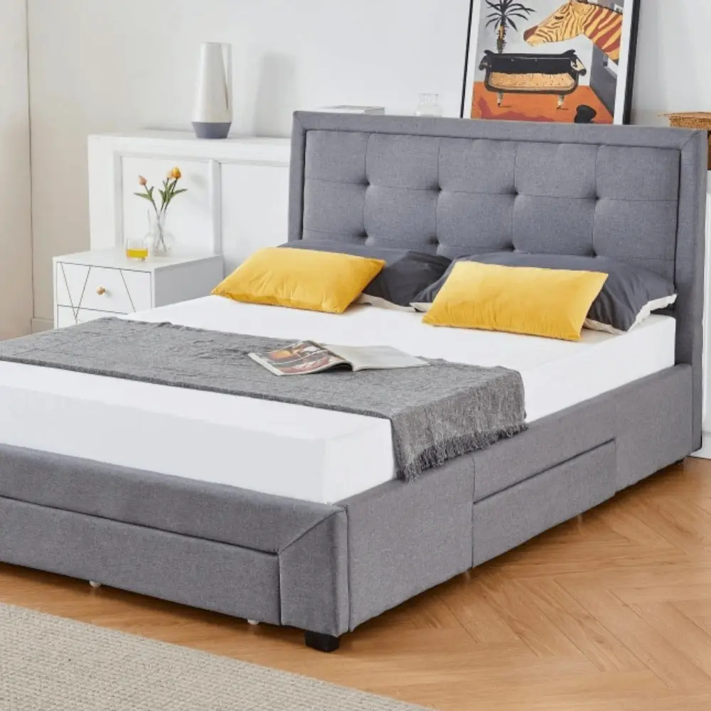 Design Square Designer Fabric Modern Bed Frame W/ Headboard & 3-Drawers Double Size - Dark Grey