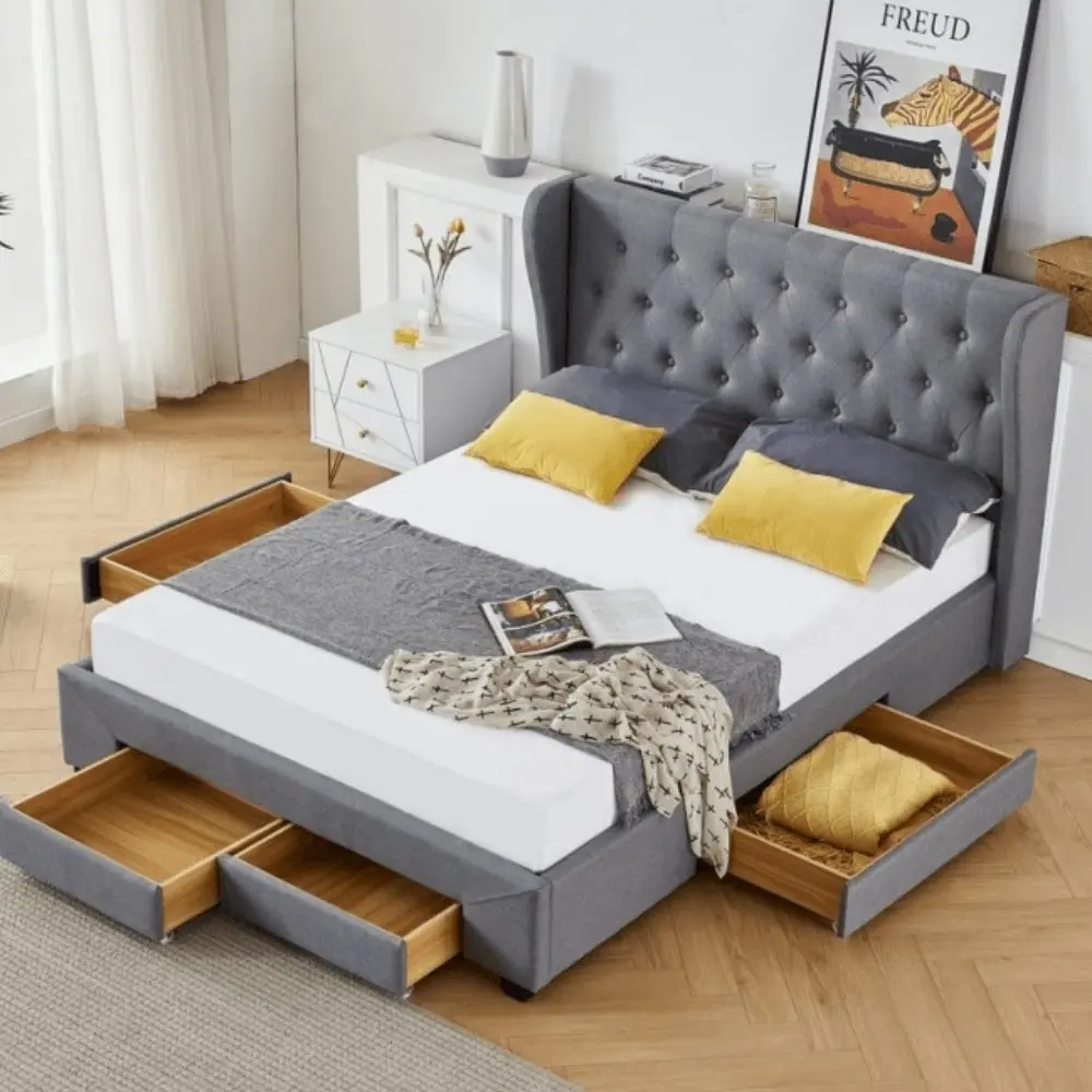 Design Square Modern Fabric Bed Frame W/ 4-Drawers Storage Double Size - Dark Grey