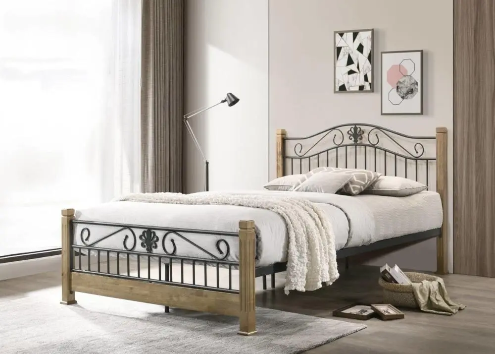 Cosmo Queen Size Bed Frame - Black Metal Frame - Maple