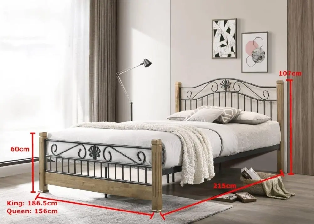 Cosmo Queen Size Bed Frame - Black Metal Frame - Maple