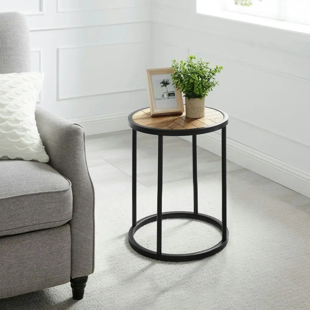 Maestro Furniture Chevron Round Wood Top Metal Frame End Lamp Side Table - Black & Ash Veneer