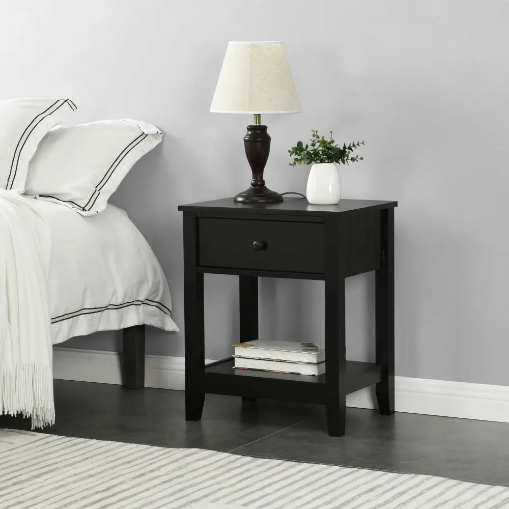 Design Square Declan Wooden Open Shelf Bedside Nighstand Side Table W/ 1-Drawer - Black