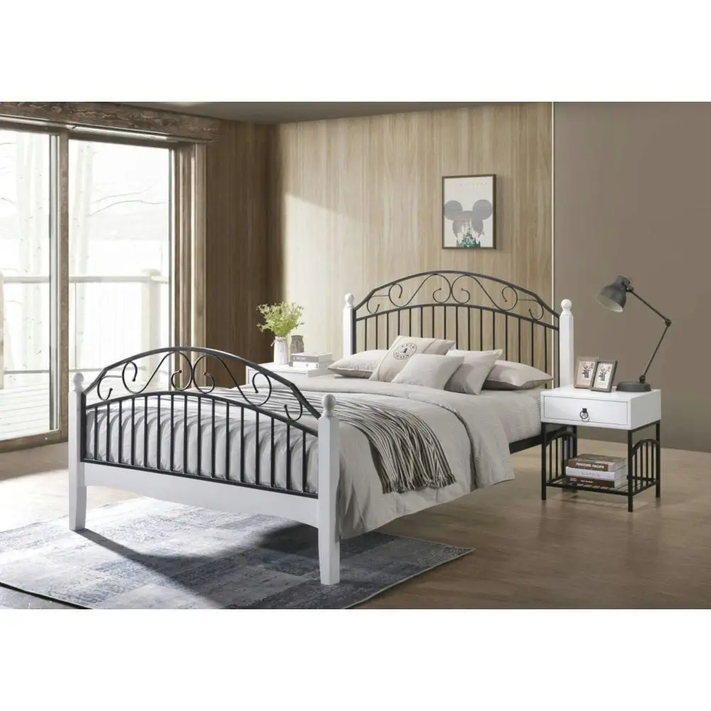 Ashley Double Size Bed Frame Wooden Pole Black Metal Frame - White