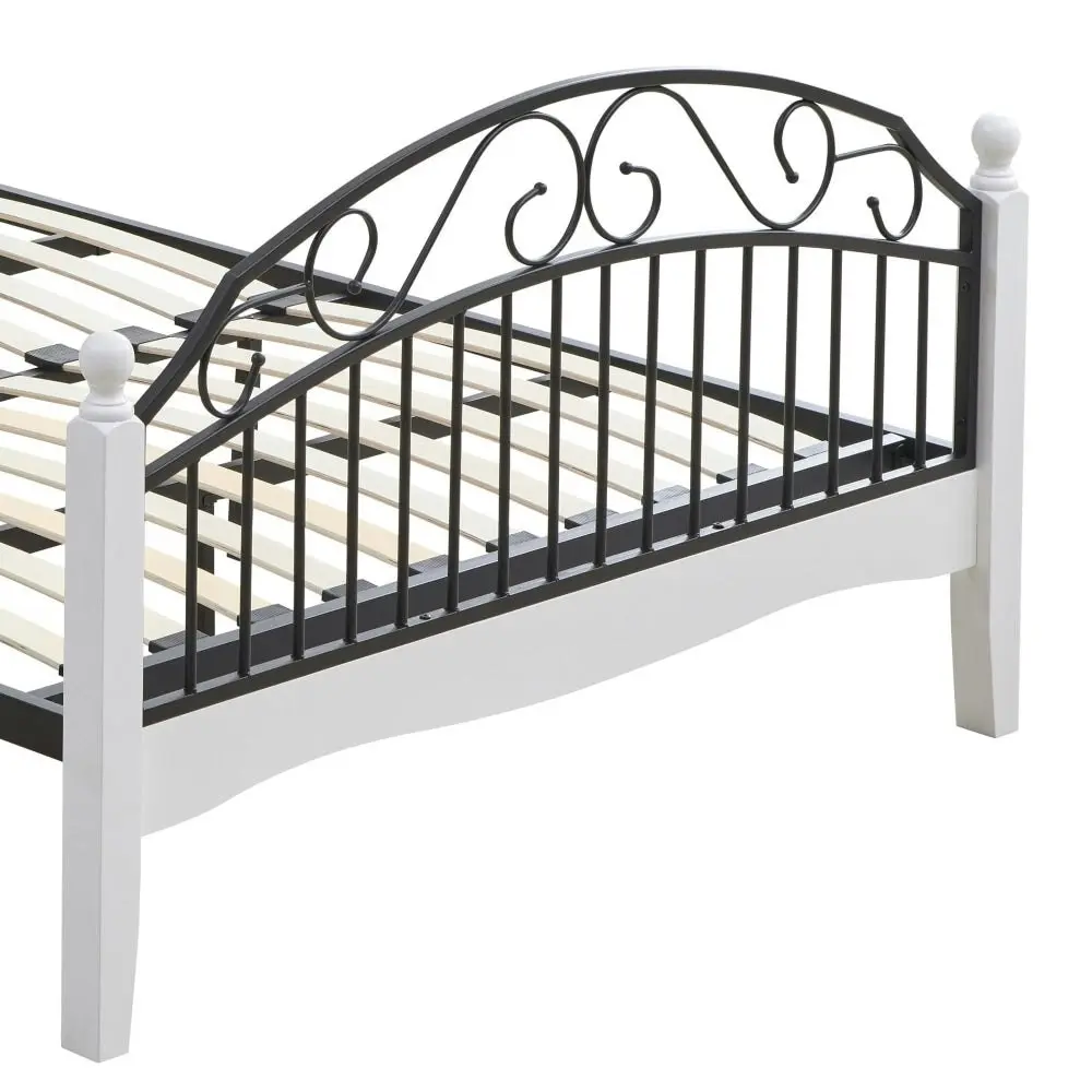 Ashley Double Size Bed Frame Wooden Pole Black Metal Frame - White