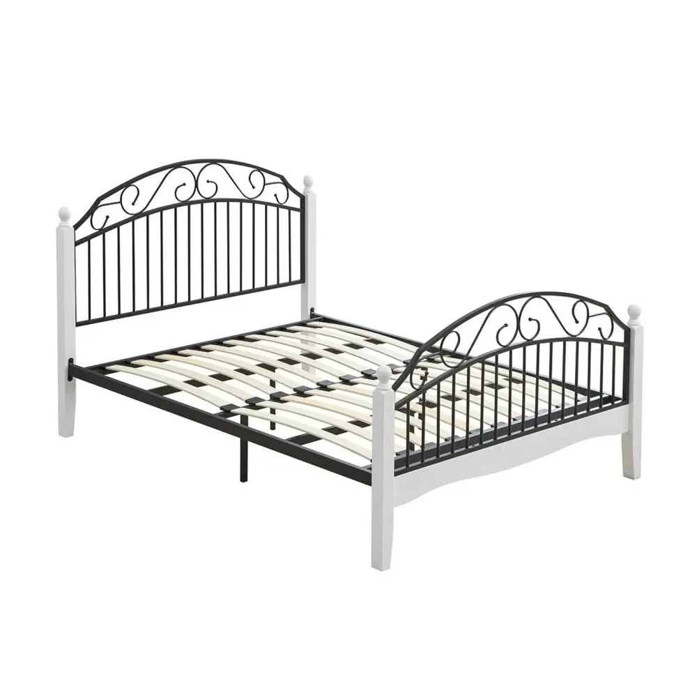 Ashley Double Size Bed Frame Wooden Pole Black Metal Frame - White