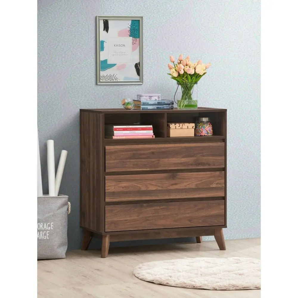 Design Square Minere Wooden Chest Of 3-Drawers Tallboy Storace Cabinet W/ 2-Shelf - Walnut