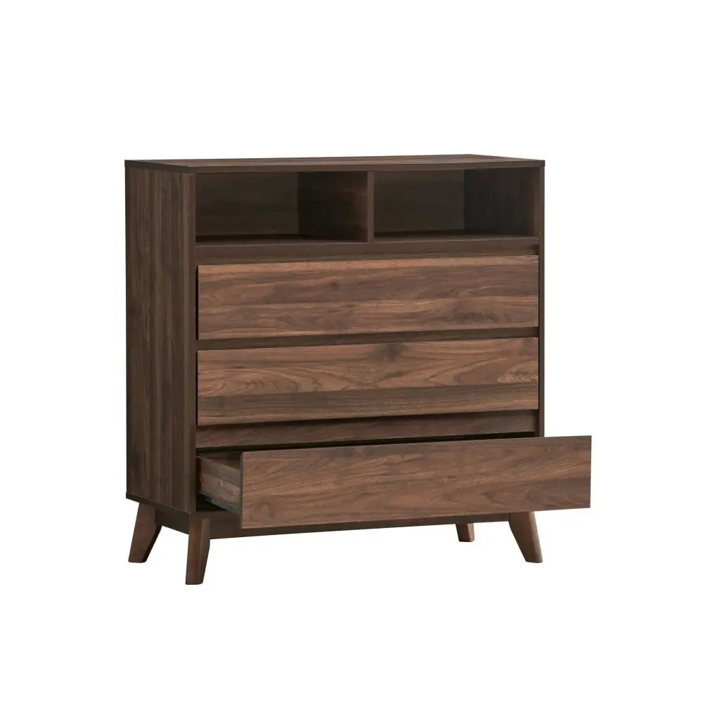 Design Square Minere Wooden Chest Of 3-Drawers Tallboy Storace Cabinet W/ 2-Shelf - Walnut