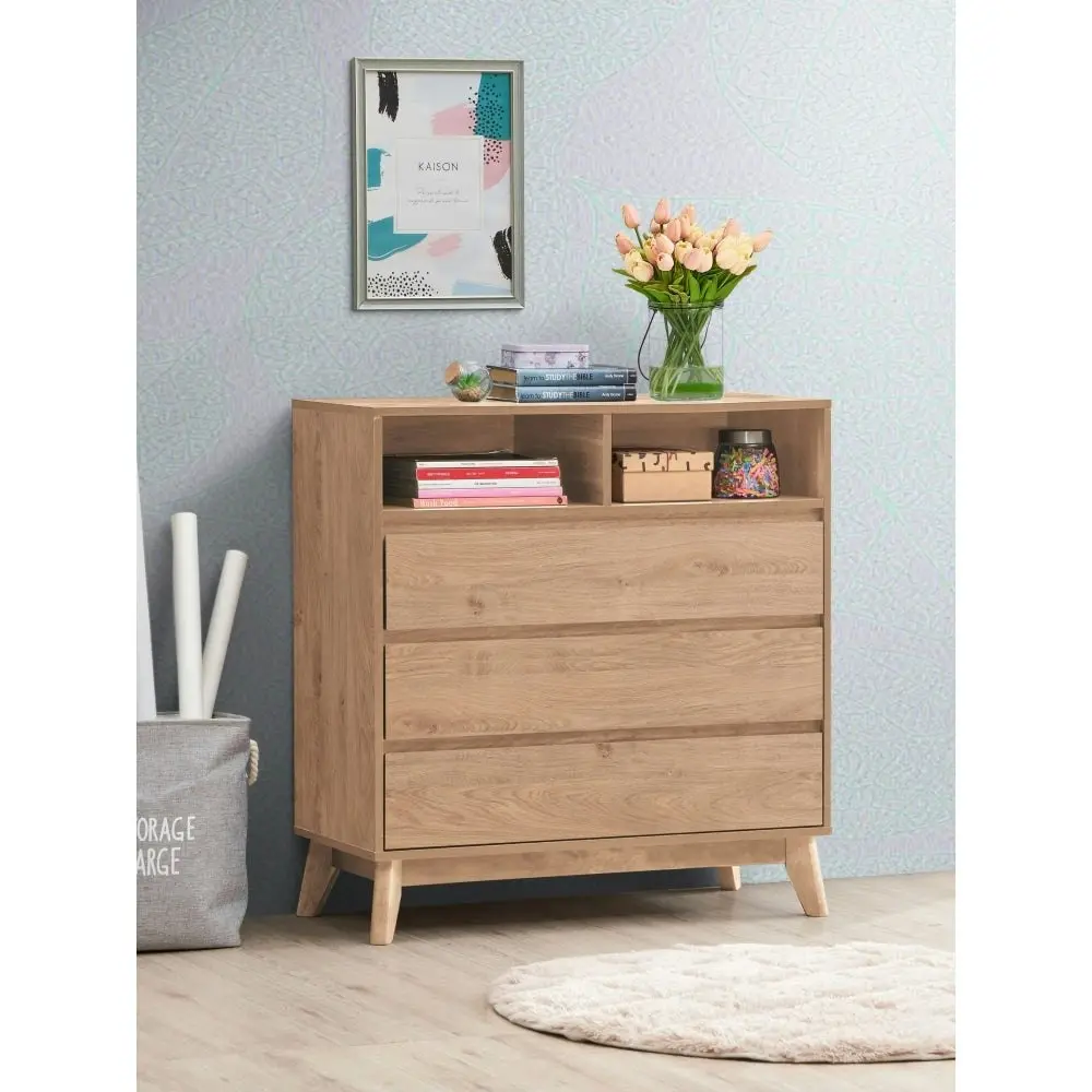 Design Square Minere Wooden Chest Of 3-Drawers Tallboy Storace Cabinet W/ 2-Shelf - Oak