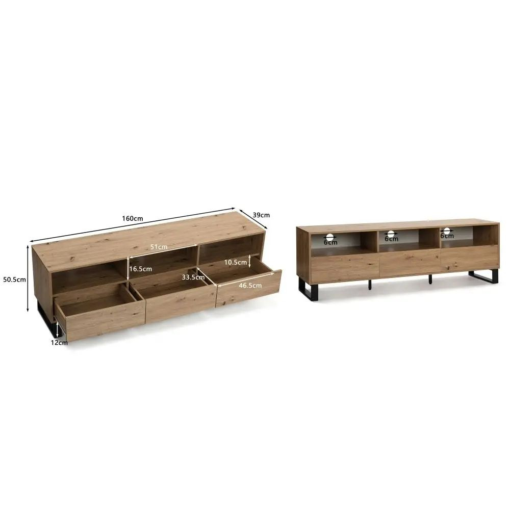 Design Square Boris Lowline Wooden Entertainment Unit TV Stand 160cm W/ 3-Drawers - White/Oak