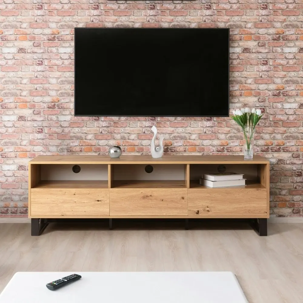 Design Square Boris Lowline Wooden Entertainment Unit TV Stand 160cm W/ 3-Drawers - White/Oak