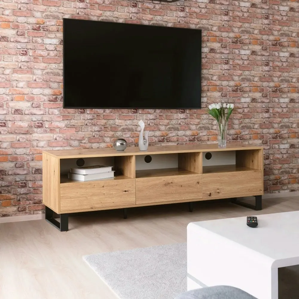 Design Square Boris Lowline Wooden Entertainment Unit TV Stand 160cm W/ 3-Drawers - White/Oak