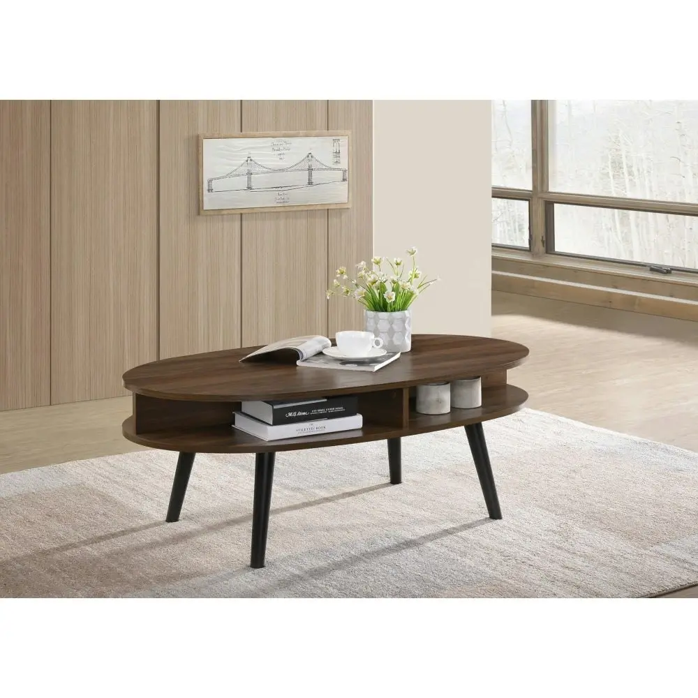 Design Square Minere Wooden Oval Coffee Table W/ Open Shelf - Walnut/Black