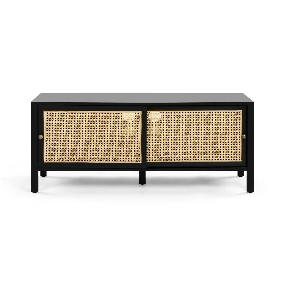 Design Square Lucien Lowline Entertainment Unit TV Stand W/ 2-Sliding Doors 116cm - Black/Rattan