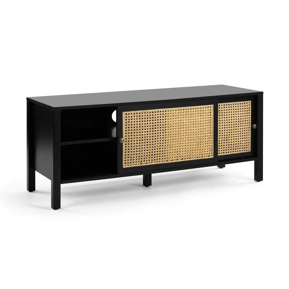 Design Square Lucien Lowline Entertainment Unit TV Stand W/ 2-Sliding Doors 116cm - Black/Rattan