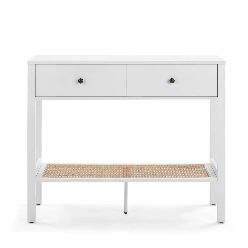 Design Square Azriel Wooden Hallway Console Hall Table W/ 2-Drawers - White/Rattan