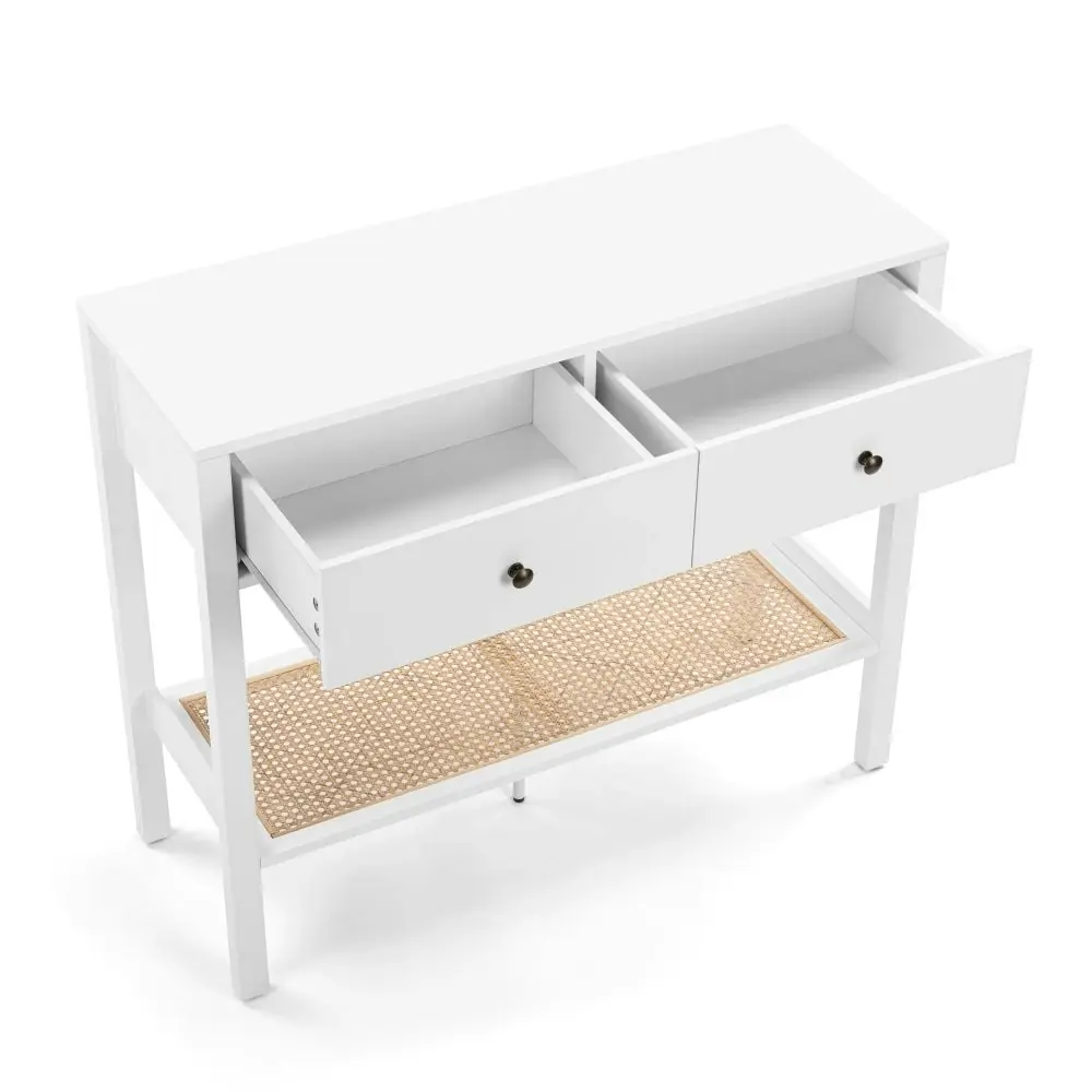 Design Square Azriel Wooden Hallway Console Hall Table W/ 2-Drawers - White/Rattan