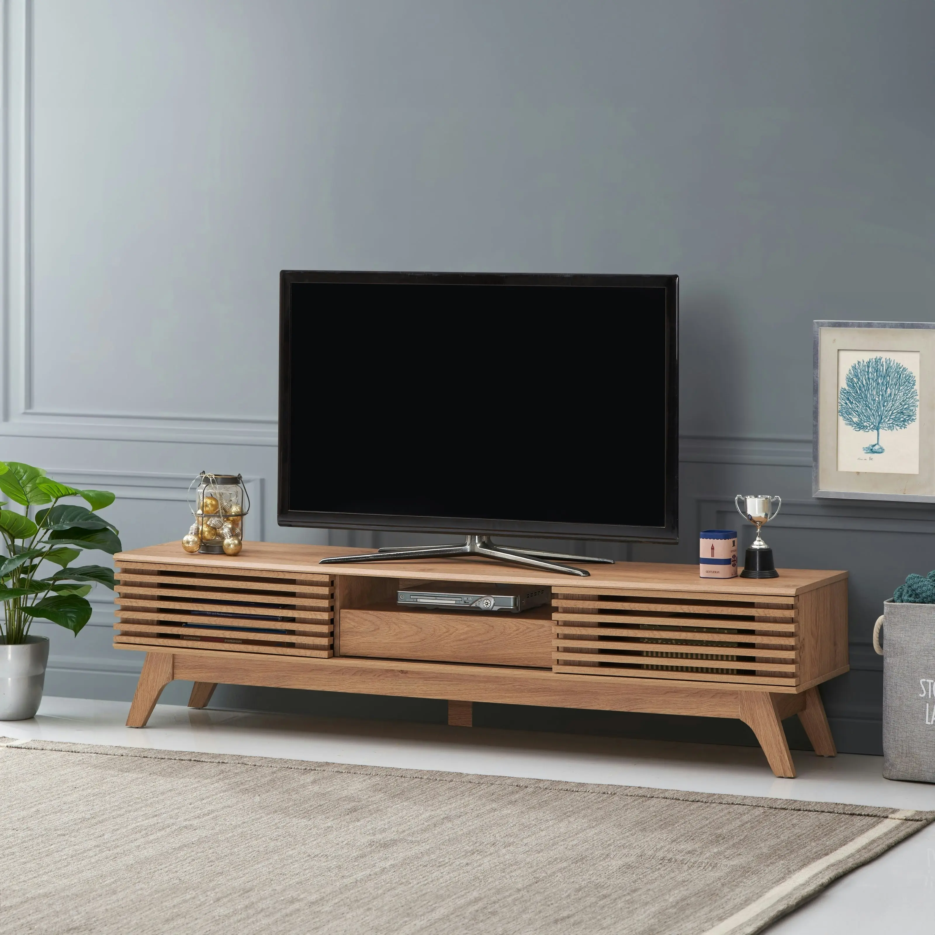 Design Square Camille Wooden Entertainment Unit TV Stand 180cm W/ 2-Doors 1-Drawer - Oak