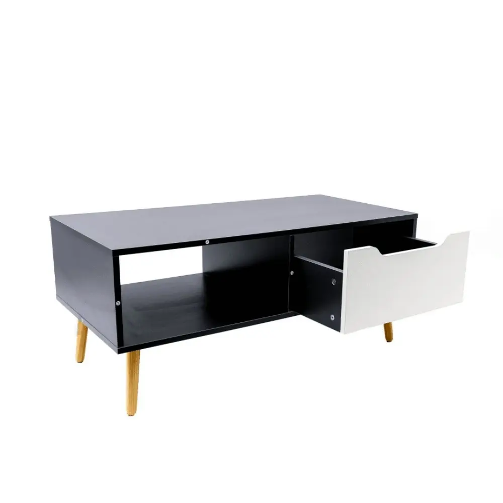 Design Square Modern Scandinavian Rectangular Wooden Coffee Table W/ 1-Drawer - Black & White