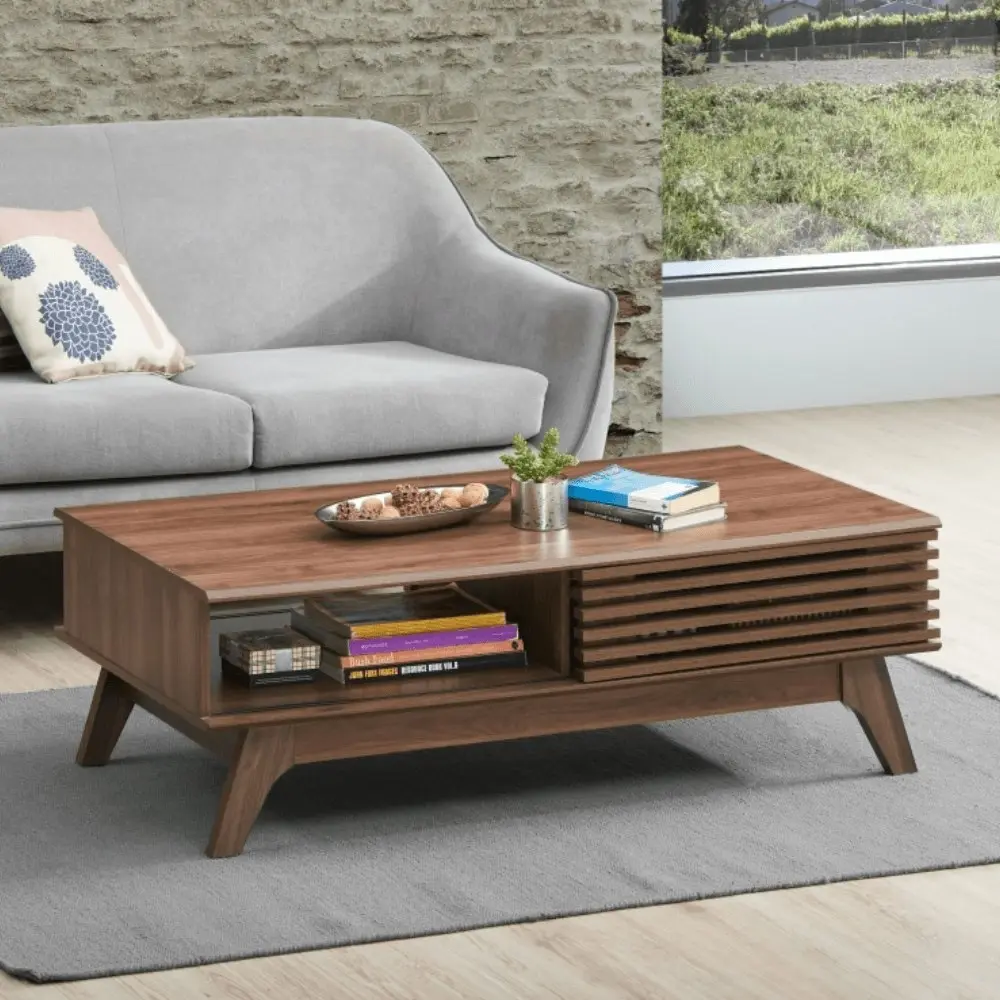 Design Square Karyn Rectangular Wooden Coffee Tea Table W/ 2-Door - Walnut