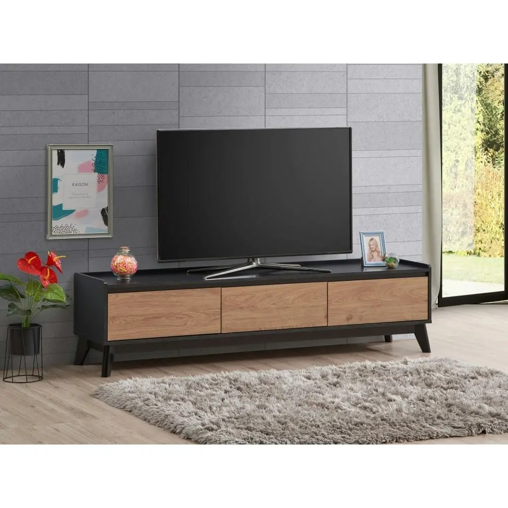 Design Square Waylon Lowline TV Stand Entertainment Unit 180cm W/ 2-Doors 1-Drawer - Black/Oak