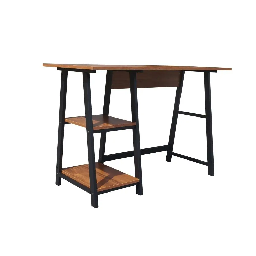 Design Square Office Study  Writing Computer Desk Metal Frame W/ 2 Storage Shelves - Light Walnut