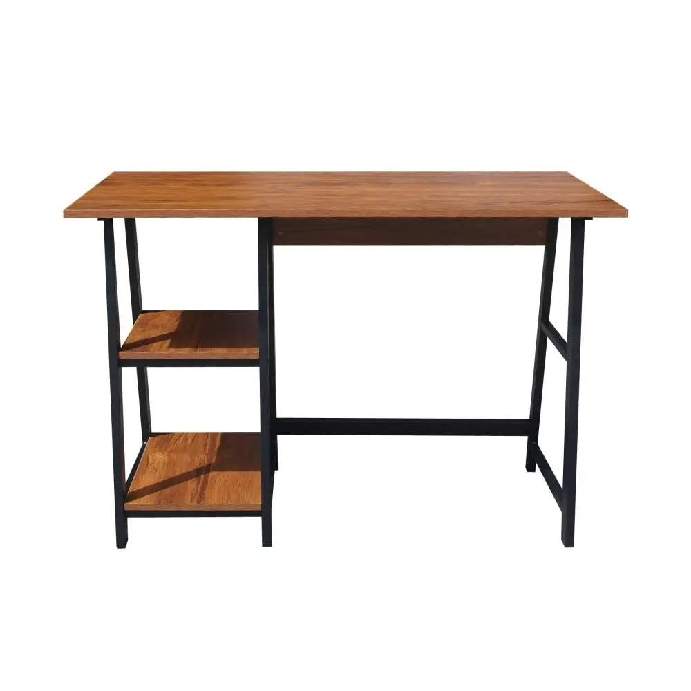 Design Square Office Study  Writing Computer Desk Metal Frame W/ 2 Storage Shelves - Light Walnut