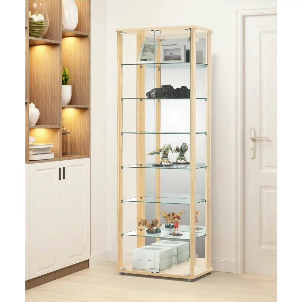 Design Square Dejaro Modern 7-Tier Display Shelf Storage Cabinet W/ 2-Doors - Glass/Beech