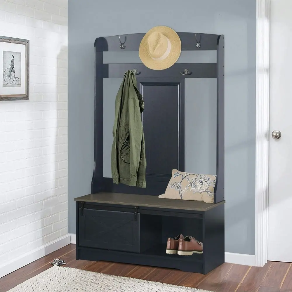 Maestro Furniture Barndoor Large Modern Coat Rack Hall Tree Shoe Rack Cabinet - Antique Black