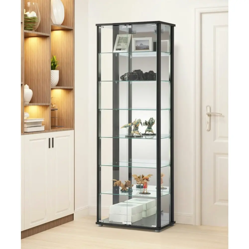 Design Square Jude Large 7-Tier Glass Display Shelf Storage Cabinet W/ 2-Doors - Black