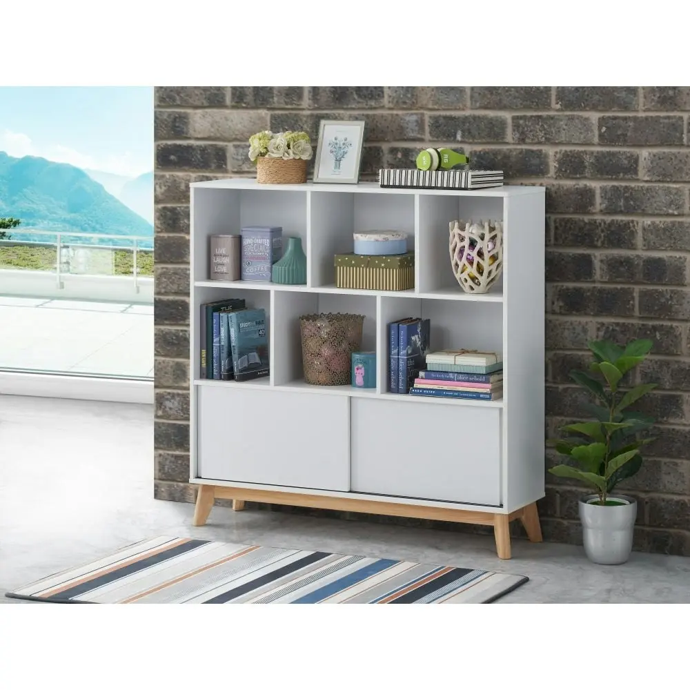 Design Square Minere Multi-Purpose Bookcase Display Storage Cabinet W/ 2-Doors - White/Oak