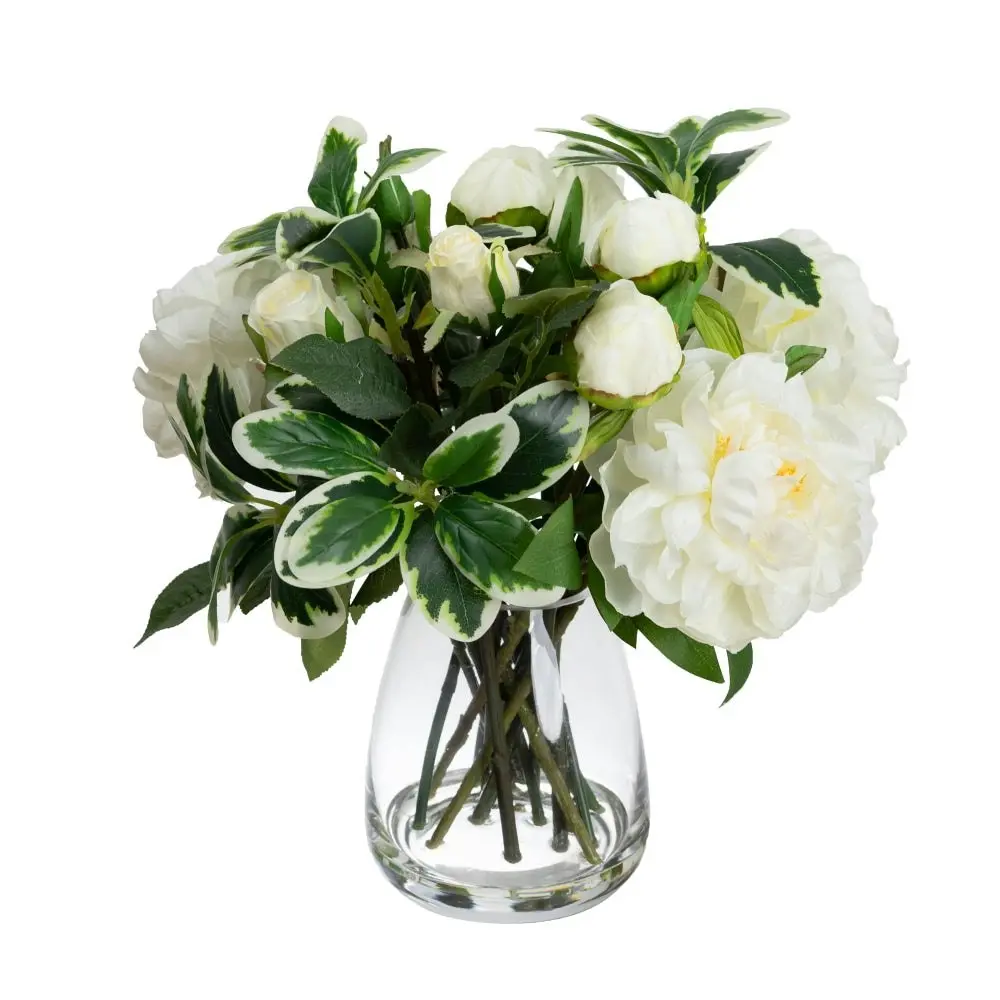 Glamorous Fusion White Peony & Rose Artificial Faux Plant Flower Decorative Mixed Arrangement 36cm In Glass