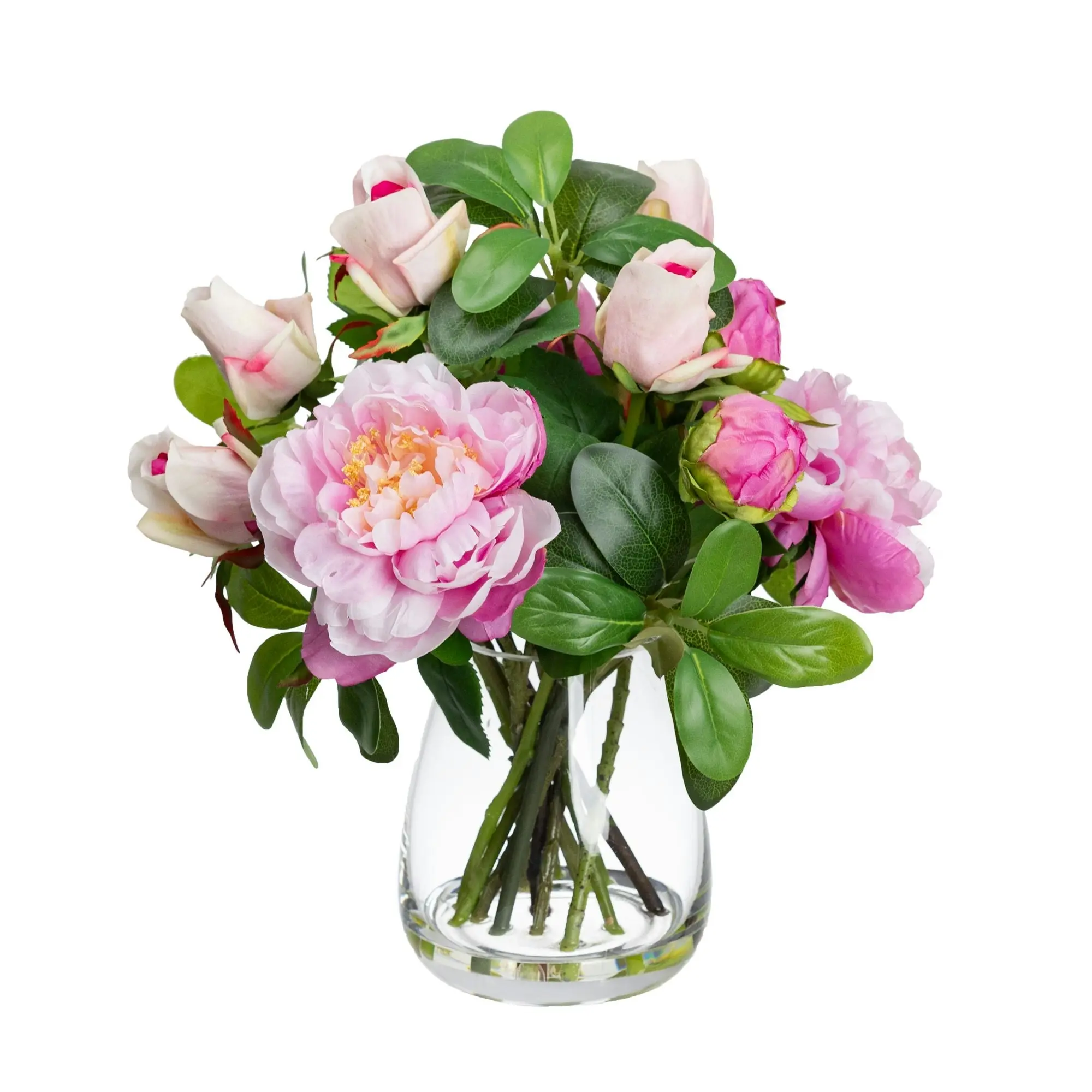 Glamorous Fusion Pink Peony & Rose Artificial Faux Plant Flower Decorative Mixed Arrangement 36cm In Glass