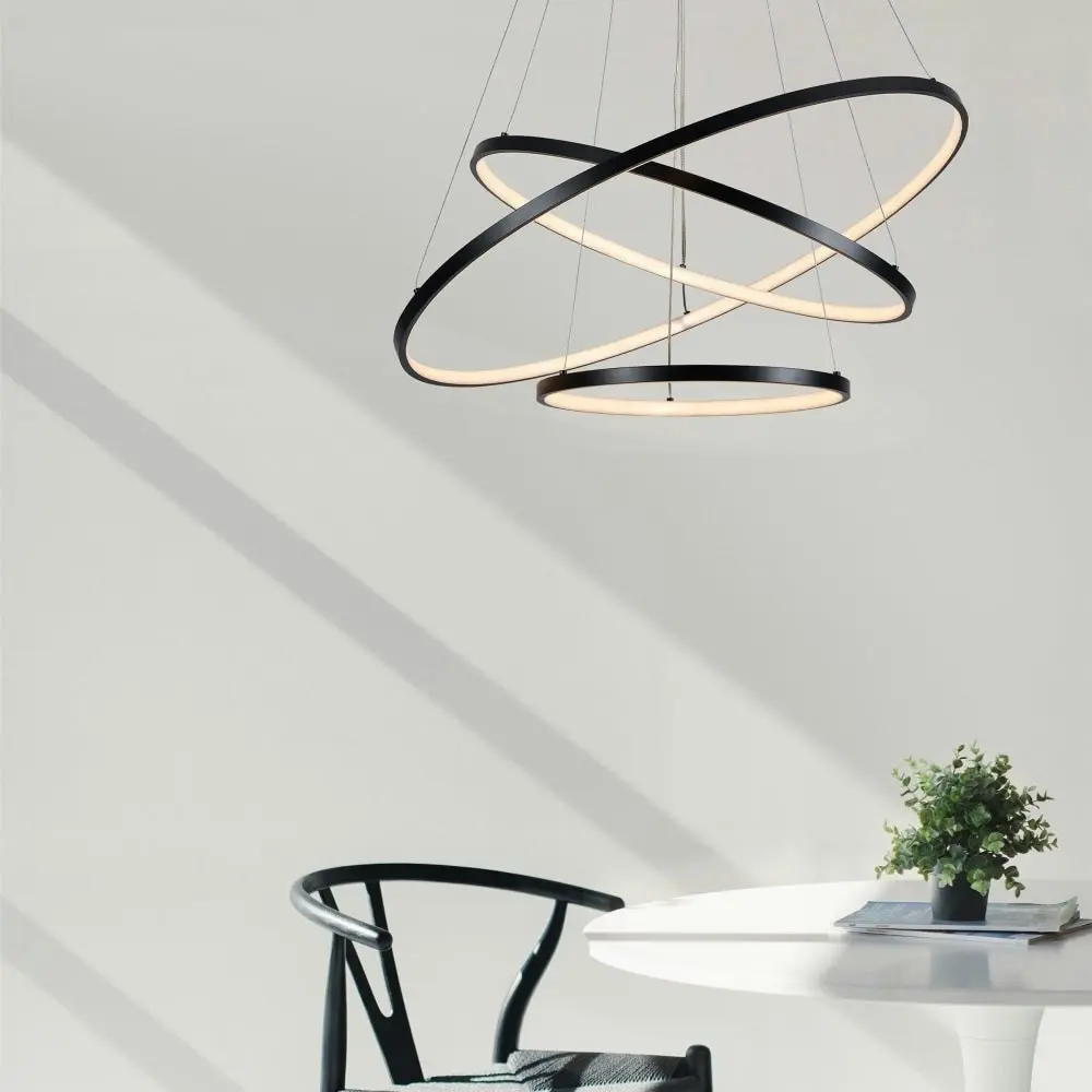 Omega Bright Contemporary Retro Black Hollow Rings Halo LED Pendant Light - Large