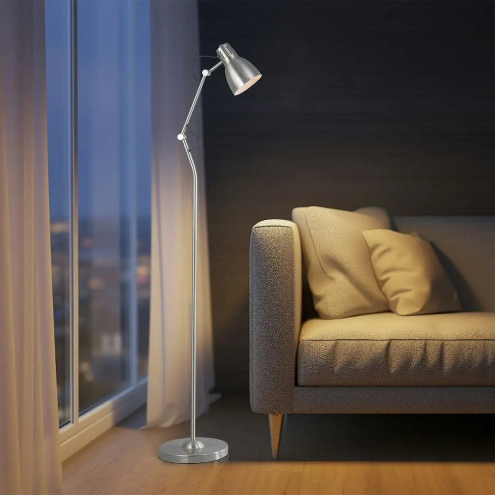 Intense Bright Classic Metal Floor Lamp Reading Light Adjustable Arms Metal Shade - Satin Chrome