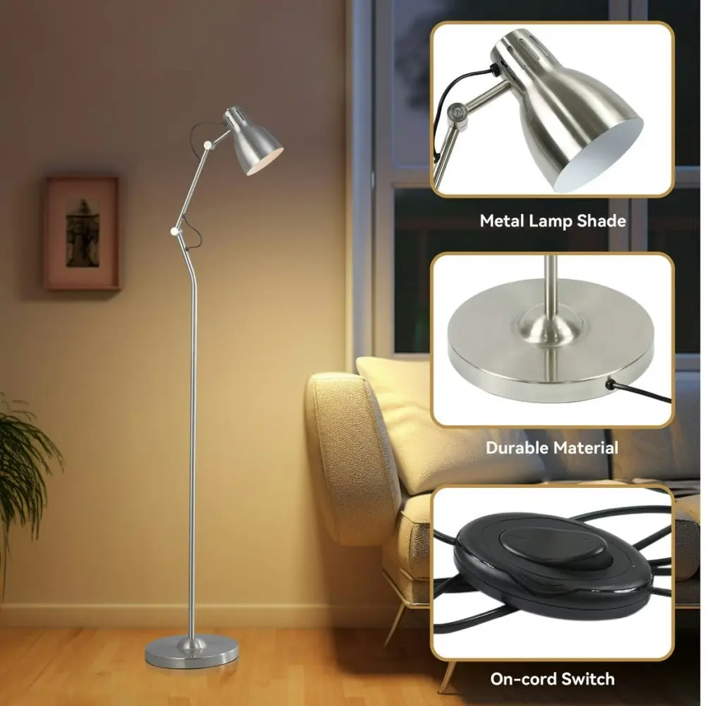 Intense Bright Classic Metal Floor Lamp Reading Light Adjustable Arms Metal Shade - Satin Chrome