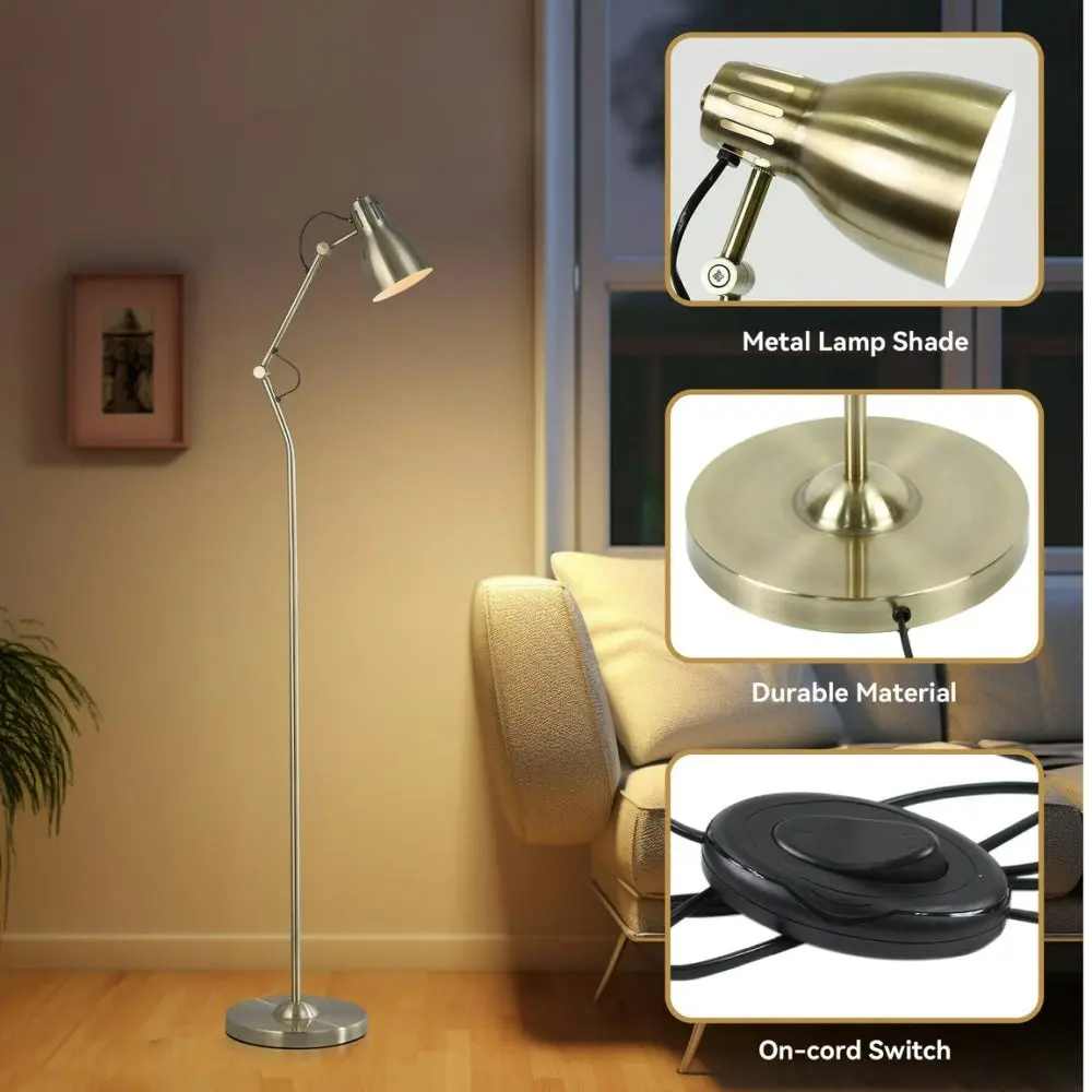 Intense Bright Classic Metal Floor Lamp Reading Light Adjustable Arms Metal Shade - Antique Brass