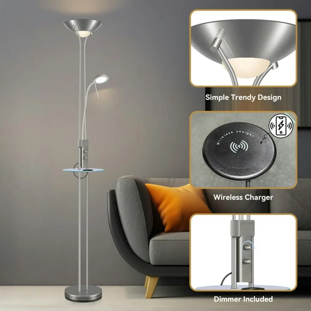 Myron USB LED Light Modern Floor Lamp Light Metal Shade - Satin Nickel and Satin Chrome