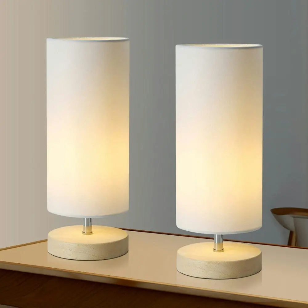 Omega Bright Duo Set of 2 Wooden Cylinder Table Lamp Light Linen Shade - White